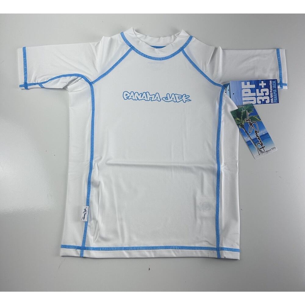 Panama Jack Youth Half Sleeve UPF Swim Sun Shirt Medium White Blue Trim